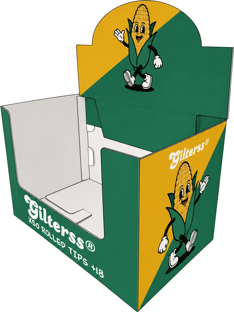 Display de mostrador GILTERS® X50 visto en tres cuartos, con el cartel de la mazorca en la trasera